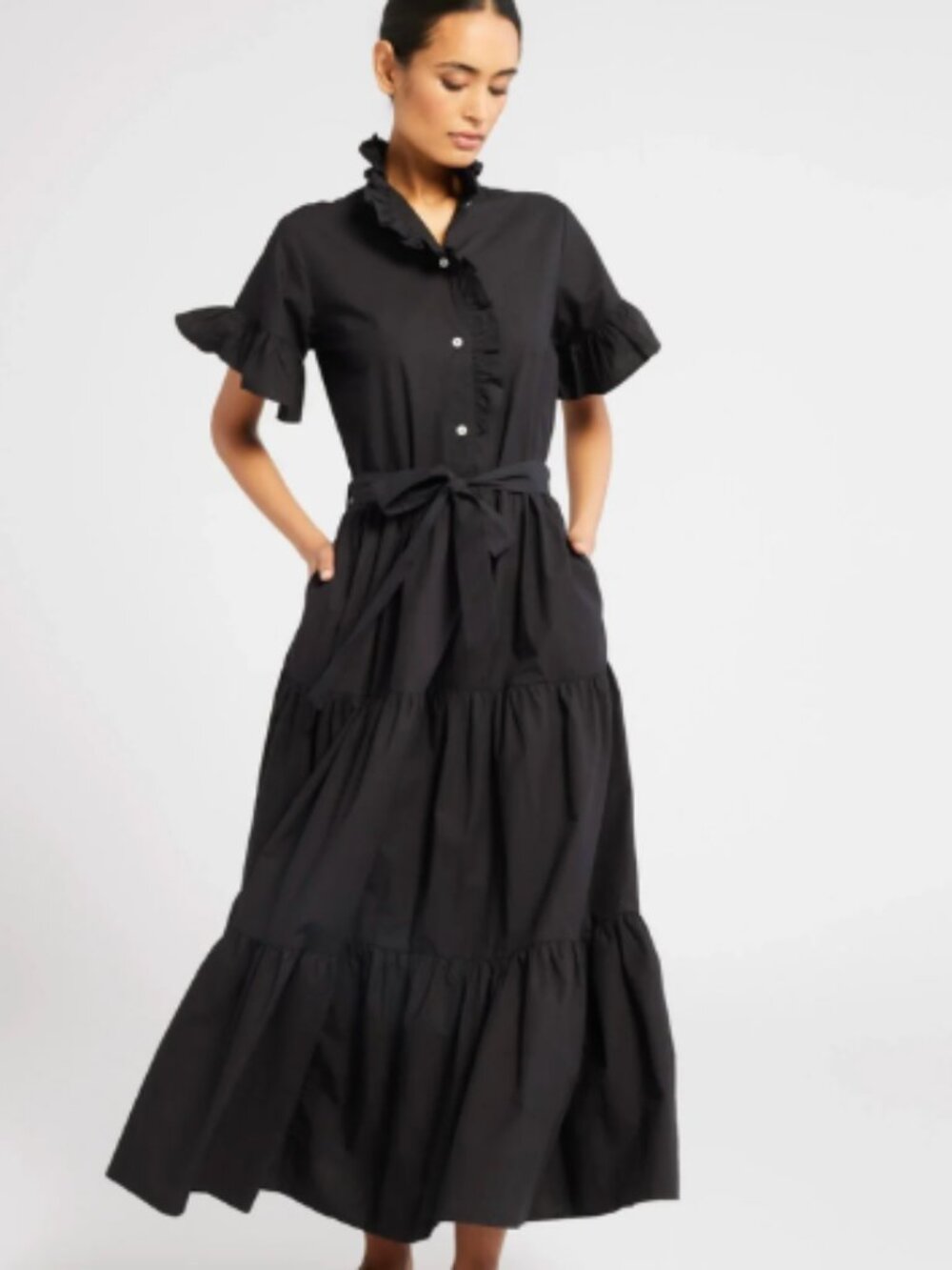 Mille Black Ruffle Tiered Maxi/Shirt Dress